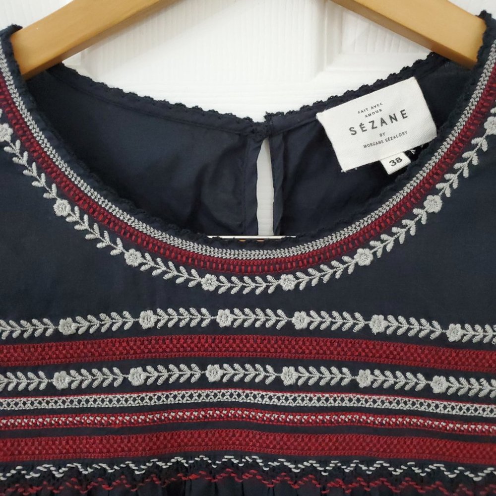 Sezane by Morgane Sezalory Embroidered Boho Navy Cotton Top - Picture 5 of 16